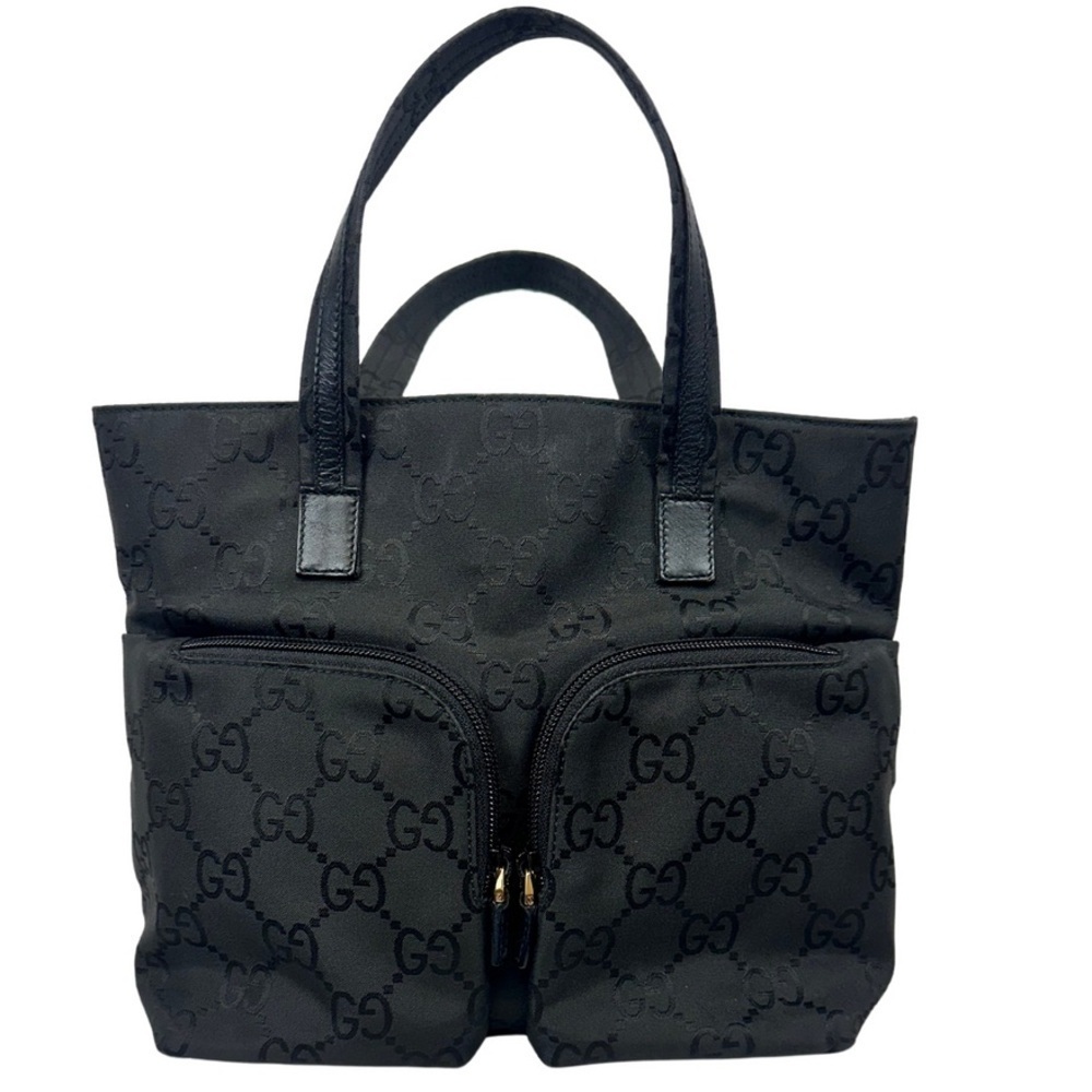 Gucci Monogram Gg Small Black Nylon Tote Bag Zip Front Pockets Metallic Luxury